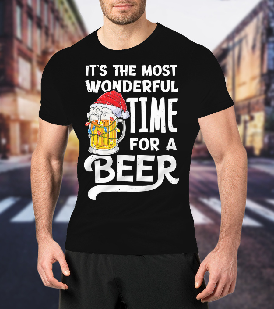 It's The Most Wonderful Time For A Beer With Santa Hat And Holiday Lights T-Shirt