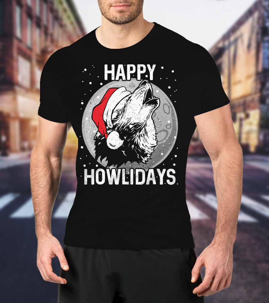 Happy Howlidays Christmas Wolf Santa Hat Moon T-Shirt