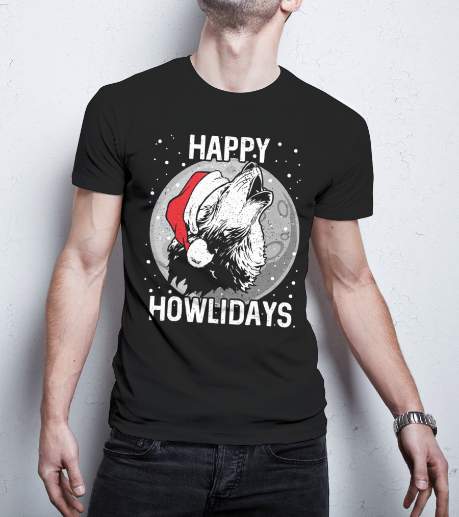 Happy Howlidays Christmas Wolf Santa Hat Moon T-Shirt