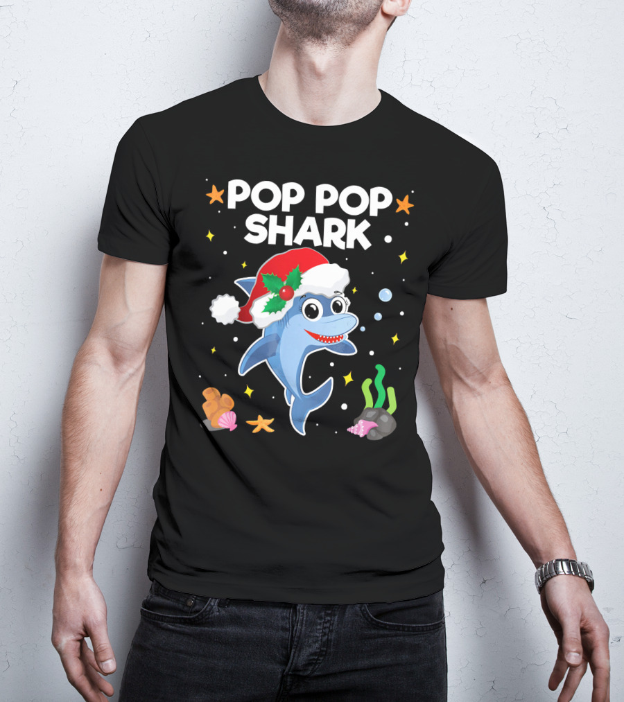 Pop Pop Shark Santa Christmas Grandpa Grandma Ocean T-Shirt