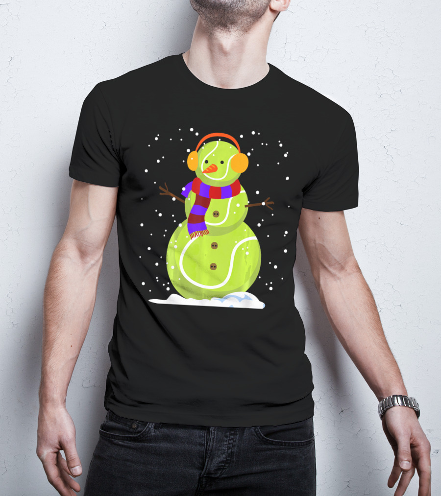 Dabbing Tennis Ball Snowman With Scarf And Earmuffs T-Shirt