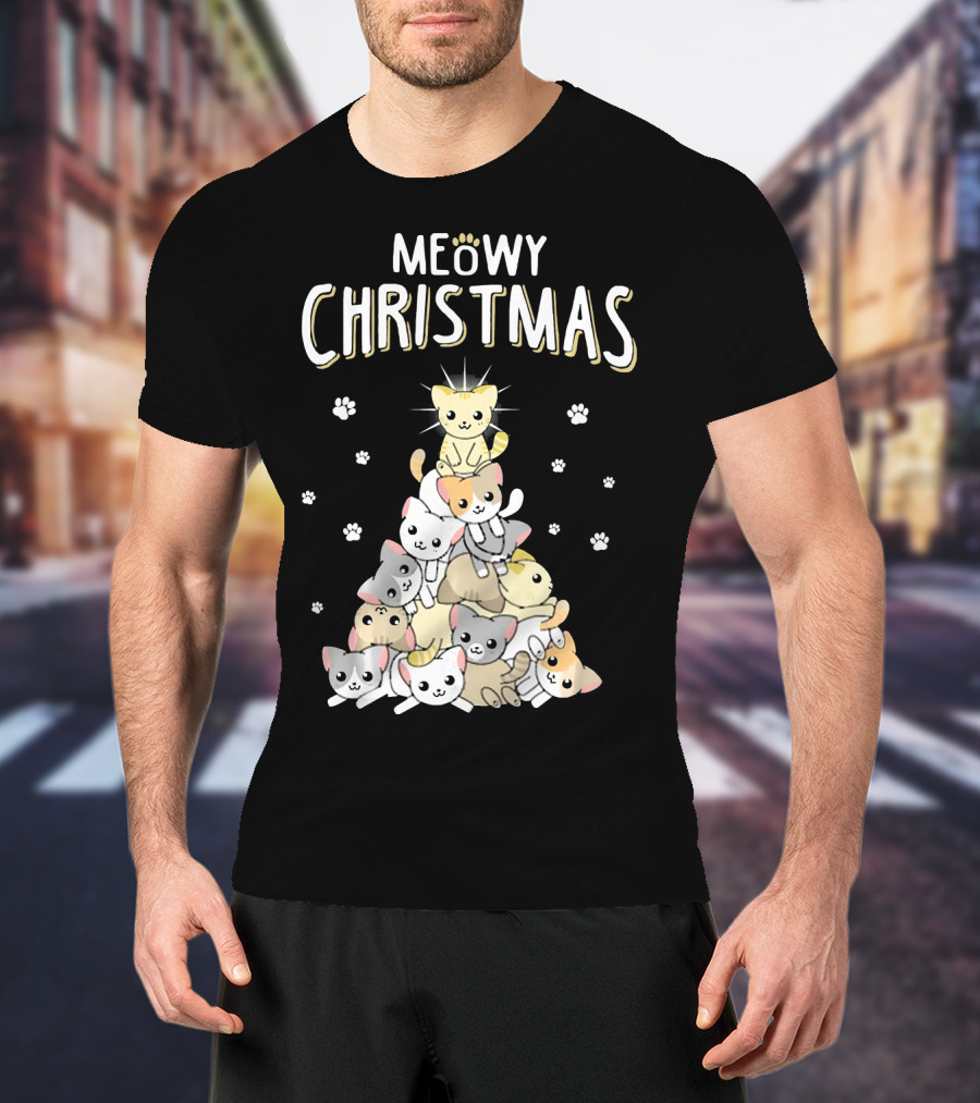 Meowy Christmas Cats Tree With Cute Paw Prints T-Shirt