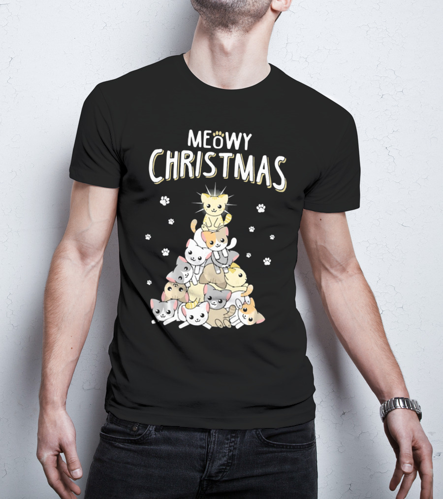 Meowy Christmas Cats Tree With Cute Paw Prints T-Shirt