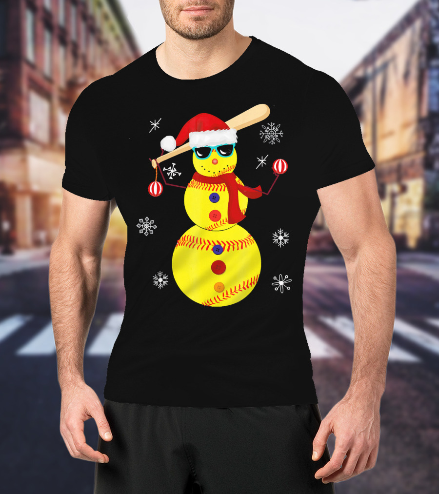 Christmas Softball Snowman With Bat And Santa Hat T-Shirt