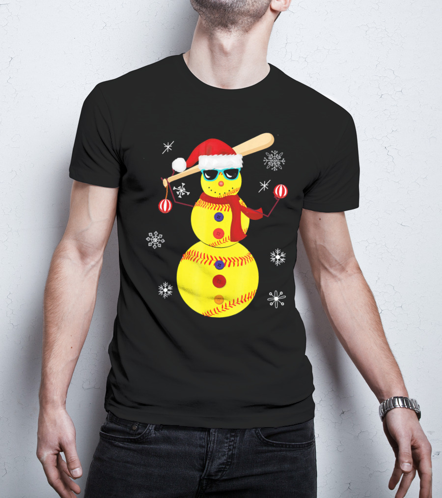 Christmas Softball Snowman With Bat And Santa Hat T-Shirt