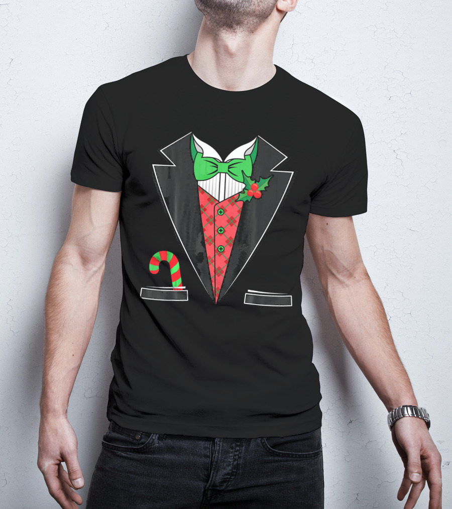 Christmas Tuxedo With Candy Cane Pattern And Festive Bow Tie T-Shirt