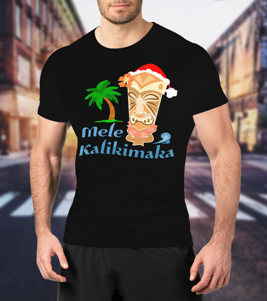Mele Kalikimaka Hawaiian Christmas Tiki With Palm Tree And Santa Hat T-Shirt
