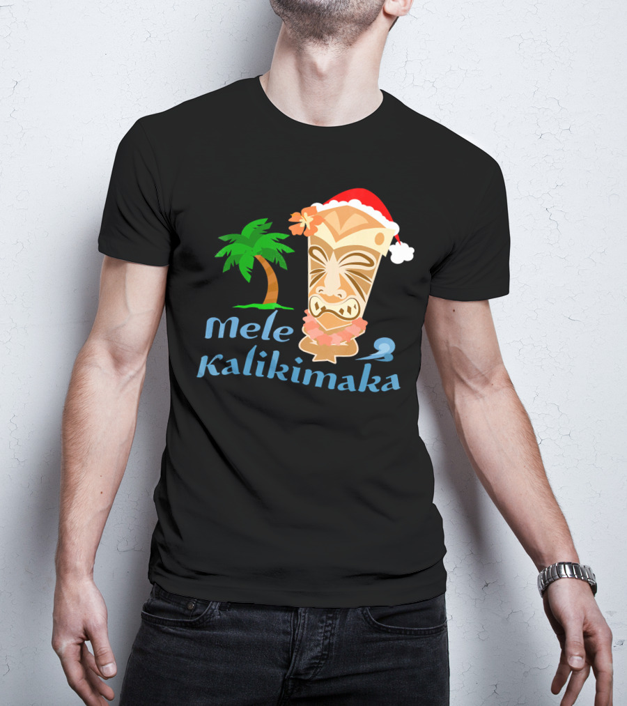 Mele Kalikimaka Hawaiian Christmas Tiki With Palm Tree And Santa Hat T-Shirt