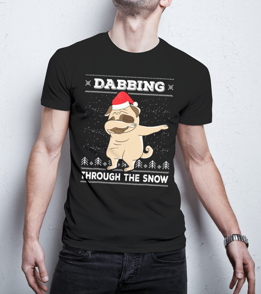 Dabbing Pug Through The Snow Santa Hat T-Shirt