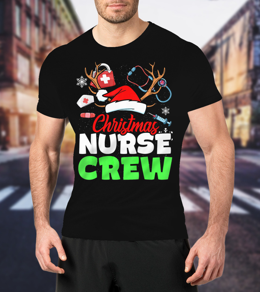 Christmas Nurse Crew Reindeer Antlers Stethoscope Santa Hat Snowflakes T-Shirt