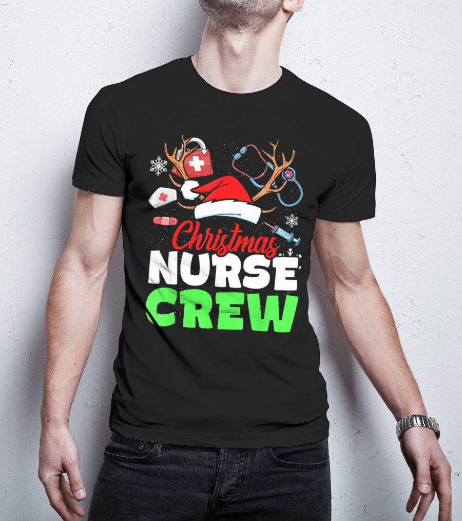 Christmas Nurse Crew Reindeer Antlers Stethoscope Santa Hat Snowflakes T-Shirt