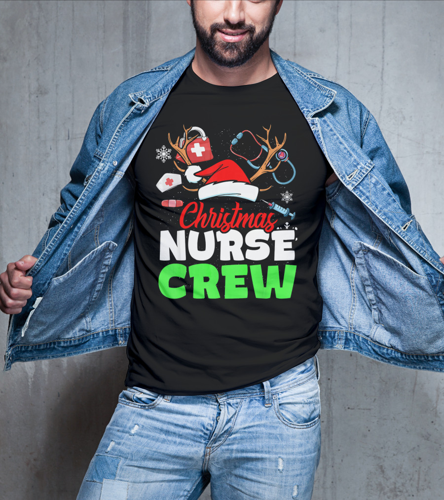 Christmas Nurse Crew Reindeer Antlers Stethoscope Santa Hat Snowflakes T-Shirt