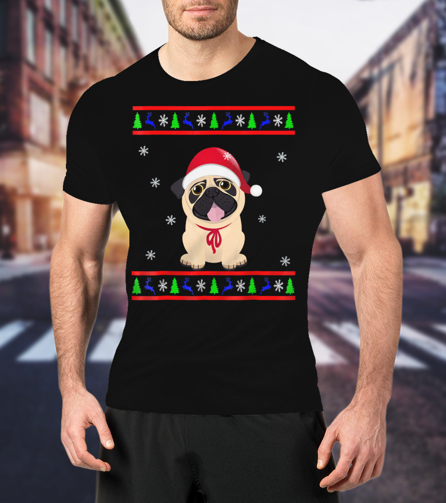 Christmas Santa Hat Pug Snowflakes Trees Reindeer T-Shirt
