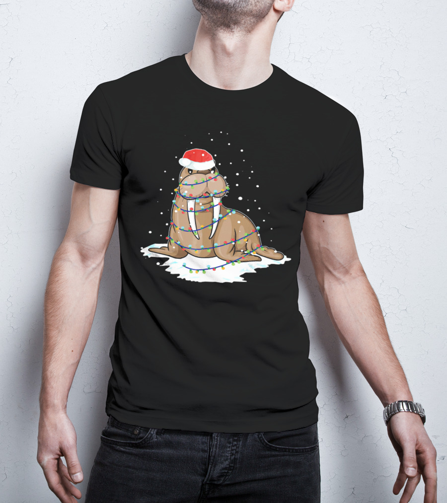 Walrus Wrapped In Christmas Lights With Santa Hat On Snow T-Shirt