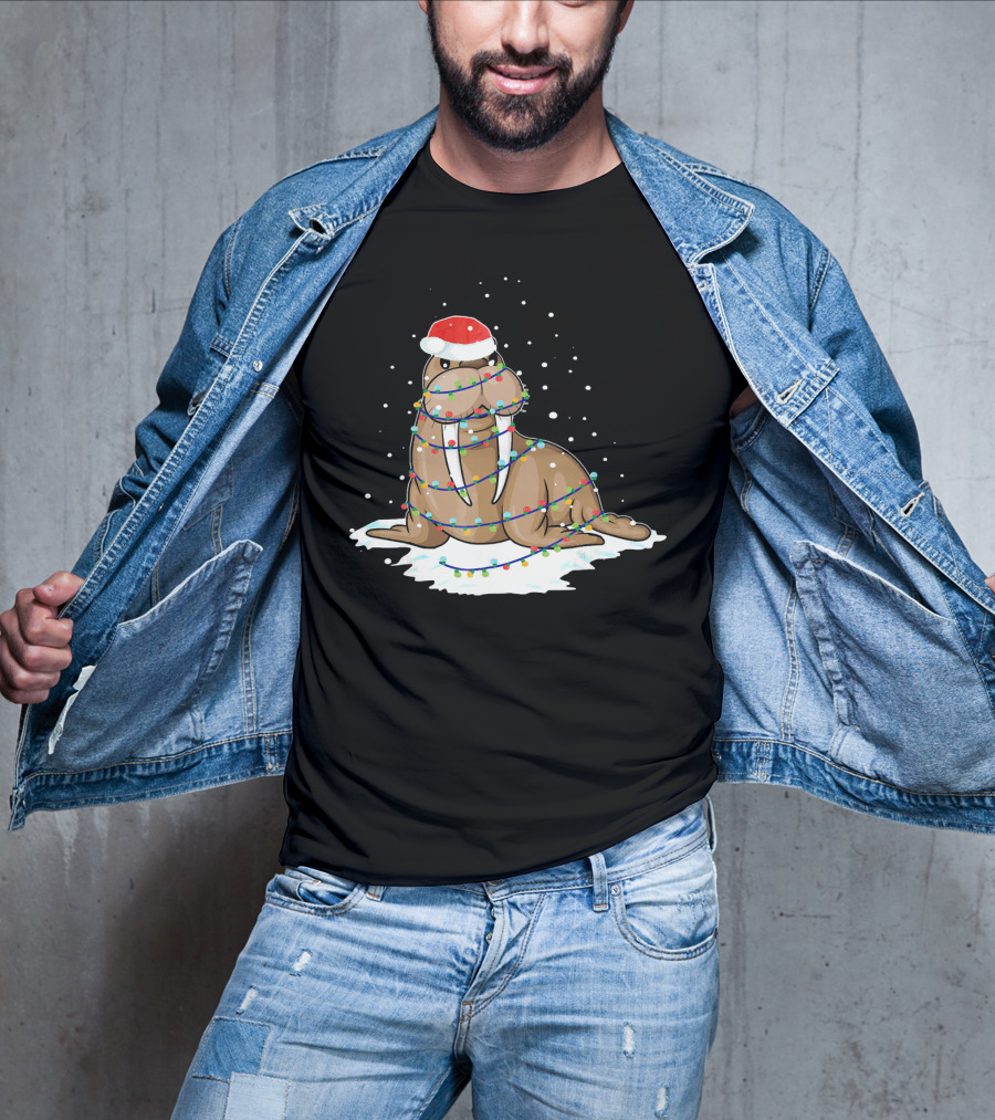 Walrus Wrapped In Christmas Lights With Santa Hat On Snow T-Shirt