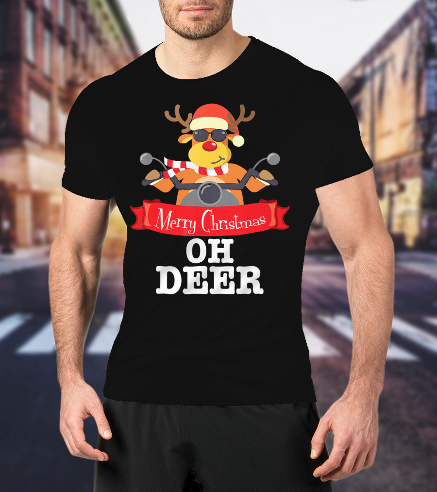 Merry Christmas Oh Deer Reindeer Motorcycle Santa Hat T-Shirt