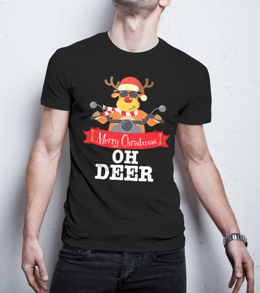 Merry Christmas Oh Deer Reindeer Motorcycle Santa Hat T-Shirt