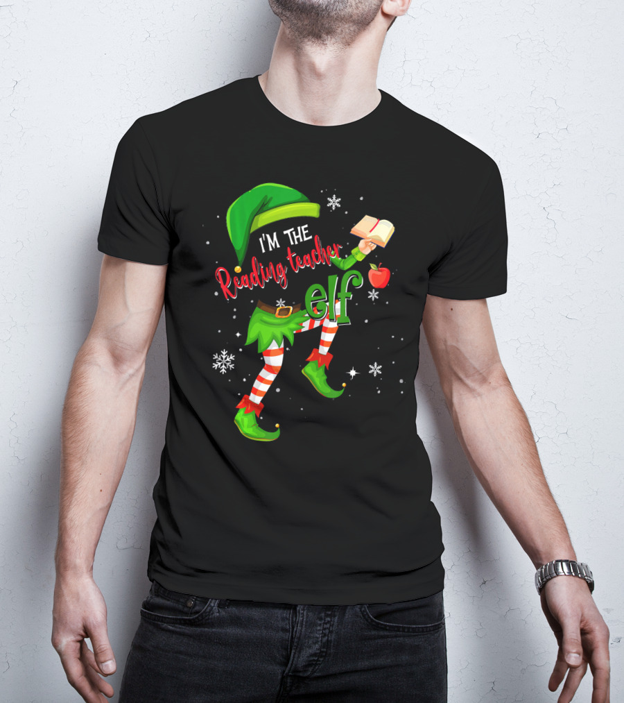 I'm The Reading Teacher Elf Holding Book Apple Wearing Elf Outfit Snowflakes T-Shirt
