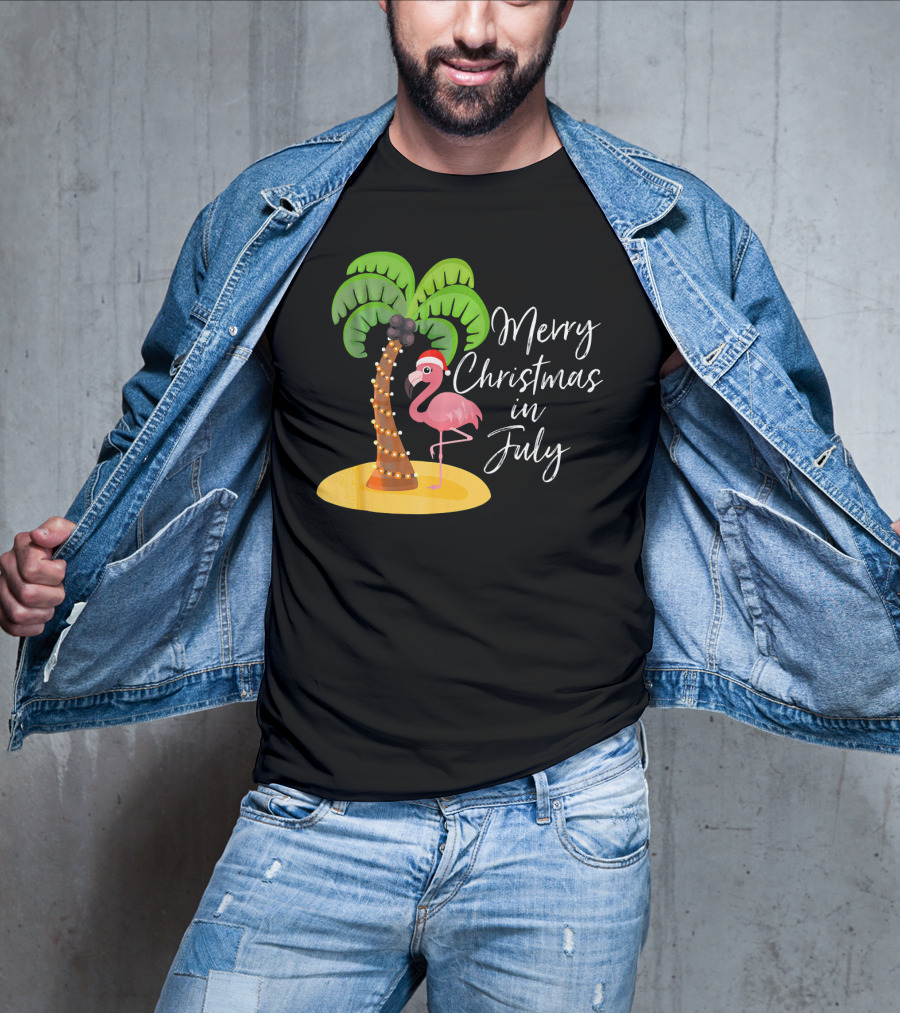 Merry Christmas In July Flamingo And Palm Tree T-Shirt