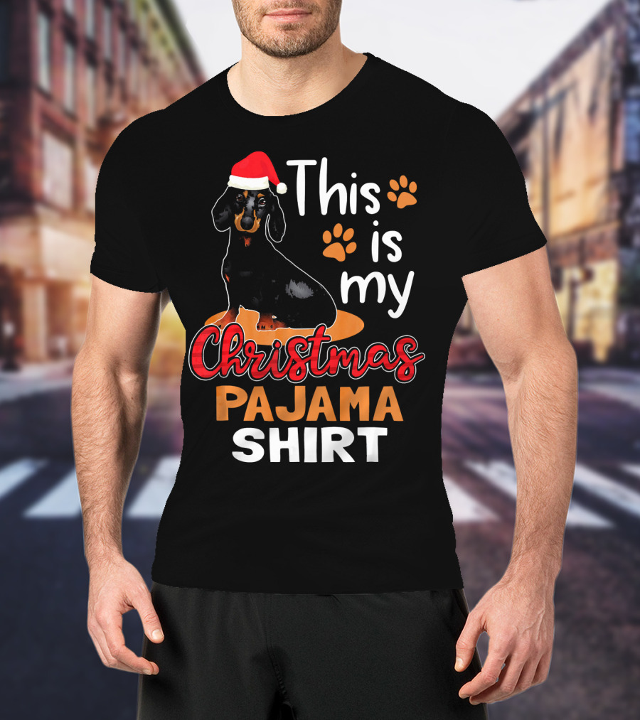 This Is My Christmas Pajama Shirt Dachshund Santa Hat Paw Prints T-Shirt