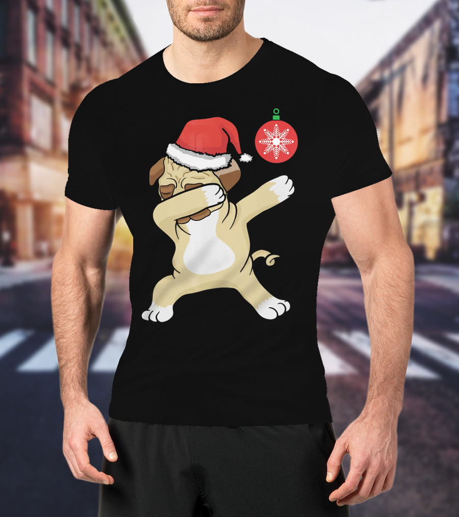 Christmas Pug Dabbing With Santa Hat And Red T-Shirt