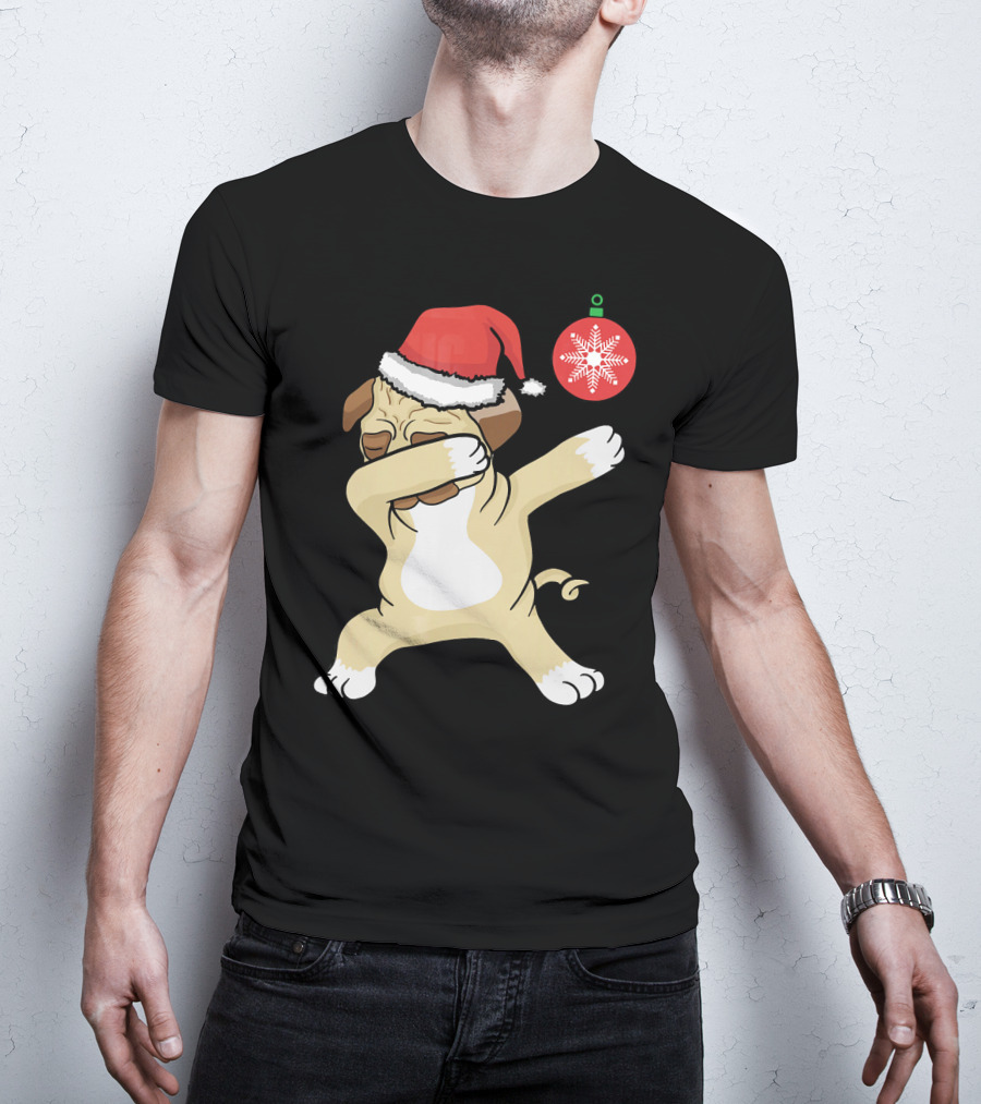 Christmas Pug Dabbing With Santa Hat And Red T-Shirt