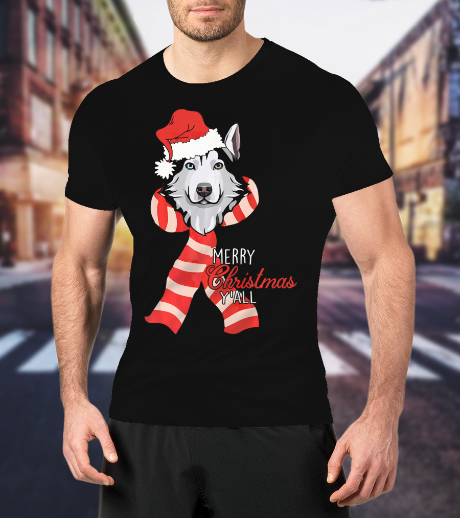 Merry Christmas Y'all Husky Dog In Santa Hat And Scarf T-Shirt