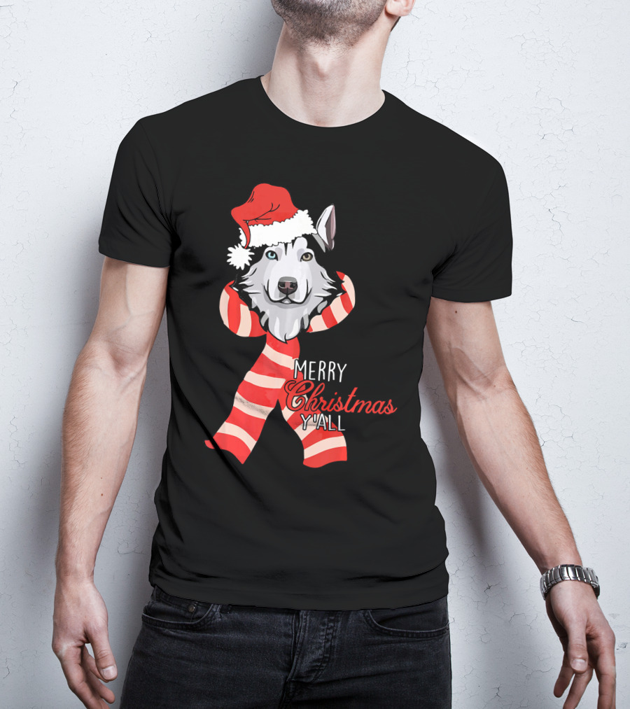 Merry Christmas Y'all Husky Dog In Santa Hat And Scarf T-Shirt