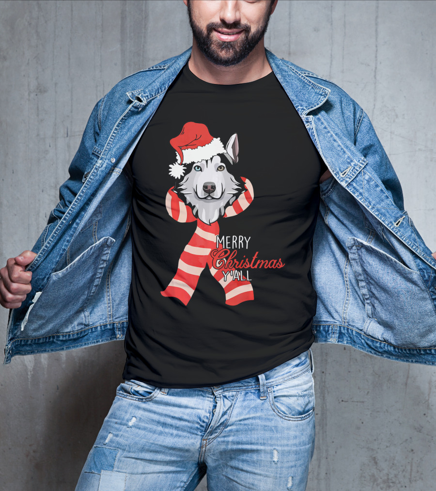 Merry Christmas Y'all Husky Dog In Santa Hat And Scarf T-Shirt