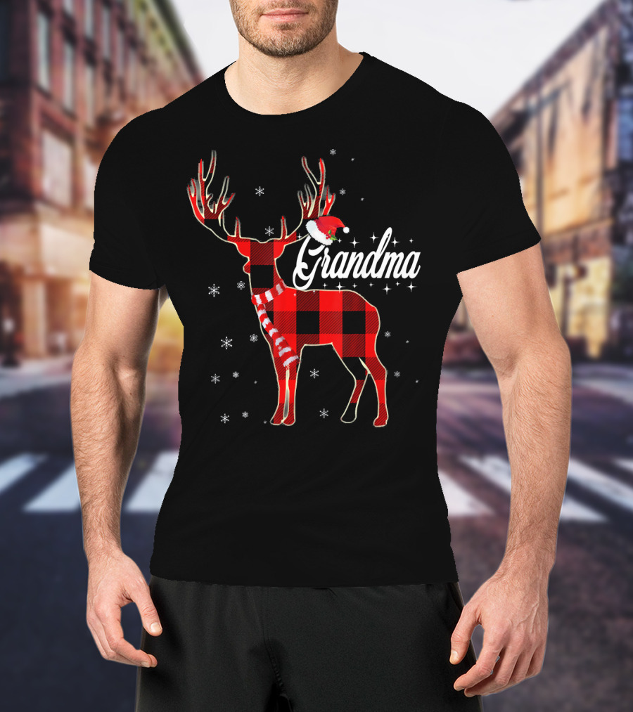 Grandma Reindeer Plaid With Santa Hat And Snowflakes T-Shirt