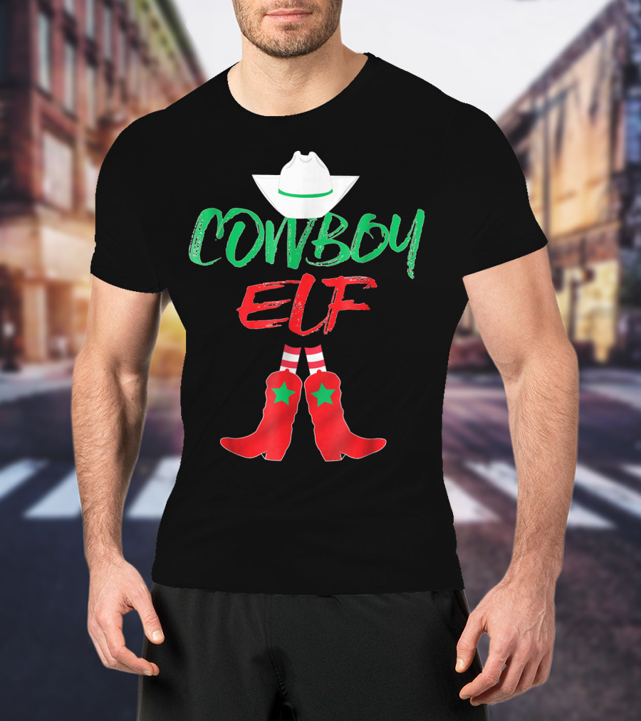 Cowboy Elf Christmas Hat Boots Men's Funny Holiday T-Shirt