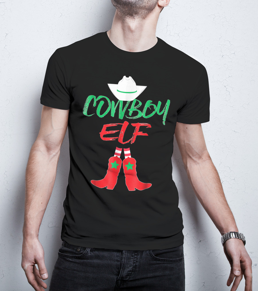Cowboy Elf Christmas Hat Boots Men's Funny Holiday T-Shirt