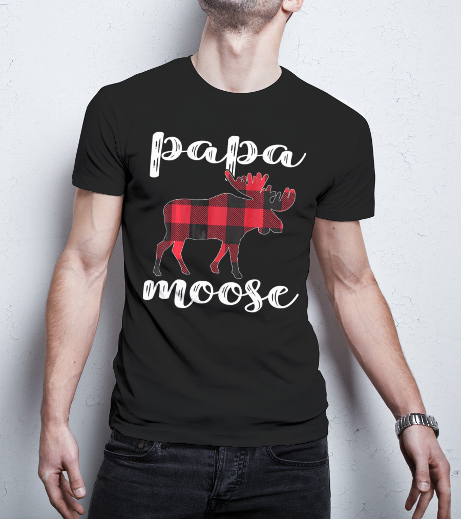 Papa Moose Matching Family Christmas Clo Buffalo Plaid Moose T-Shirt