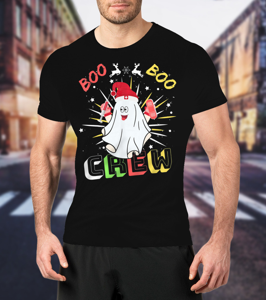 Boo Boo Crew Christmas Nurse Ghost With Bandages And Reindeer T-Shirt