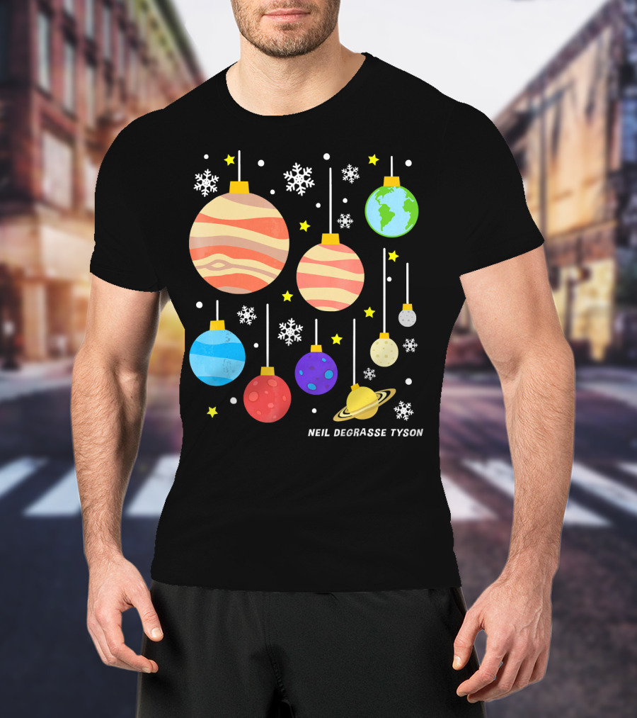 Neil DeGrasse Tyson Planets Hanging Ornaments Snowflakes Stars T-Shirt
