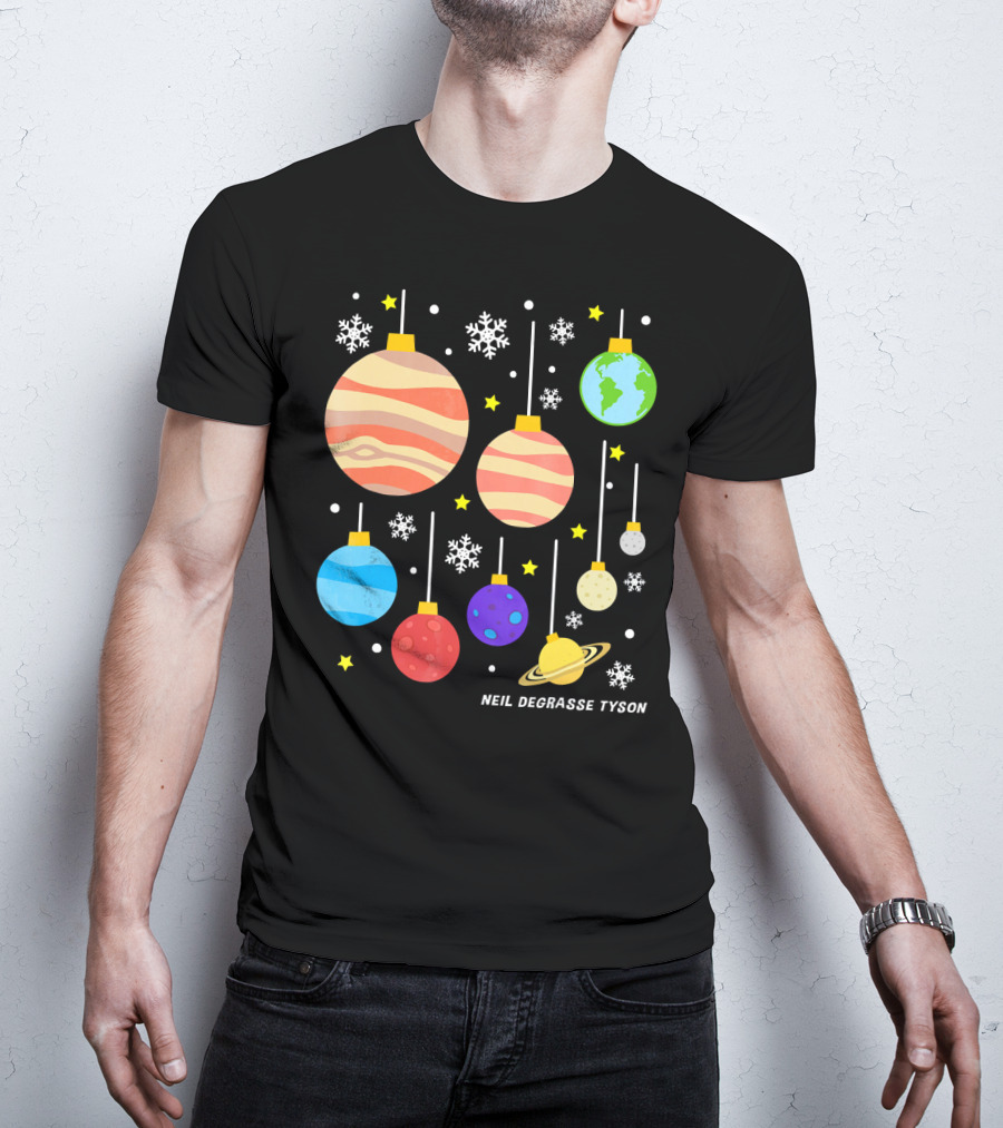 Neil DeGrasse Tyson Planets Hanging Ornaments Snowflakes Stars T-Shirt