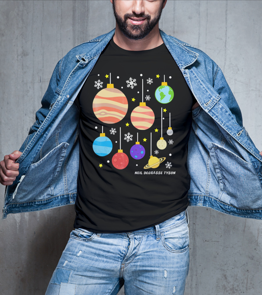 Neil DeGrasse Tyson Planets Hanging Ornaments Snowflakes Stars T-Shirt
