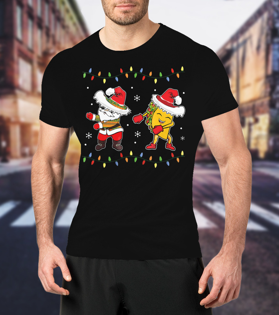 Santa And Taco Flossing In Sombrero Christmas T-Shirt