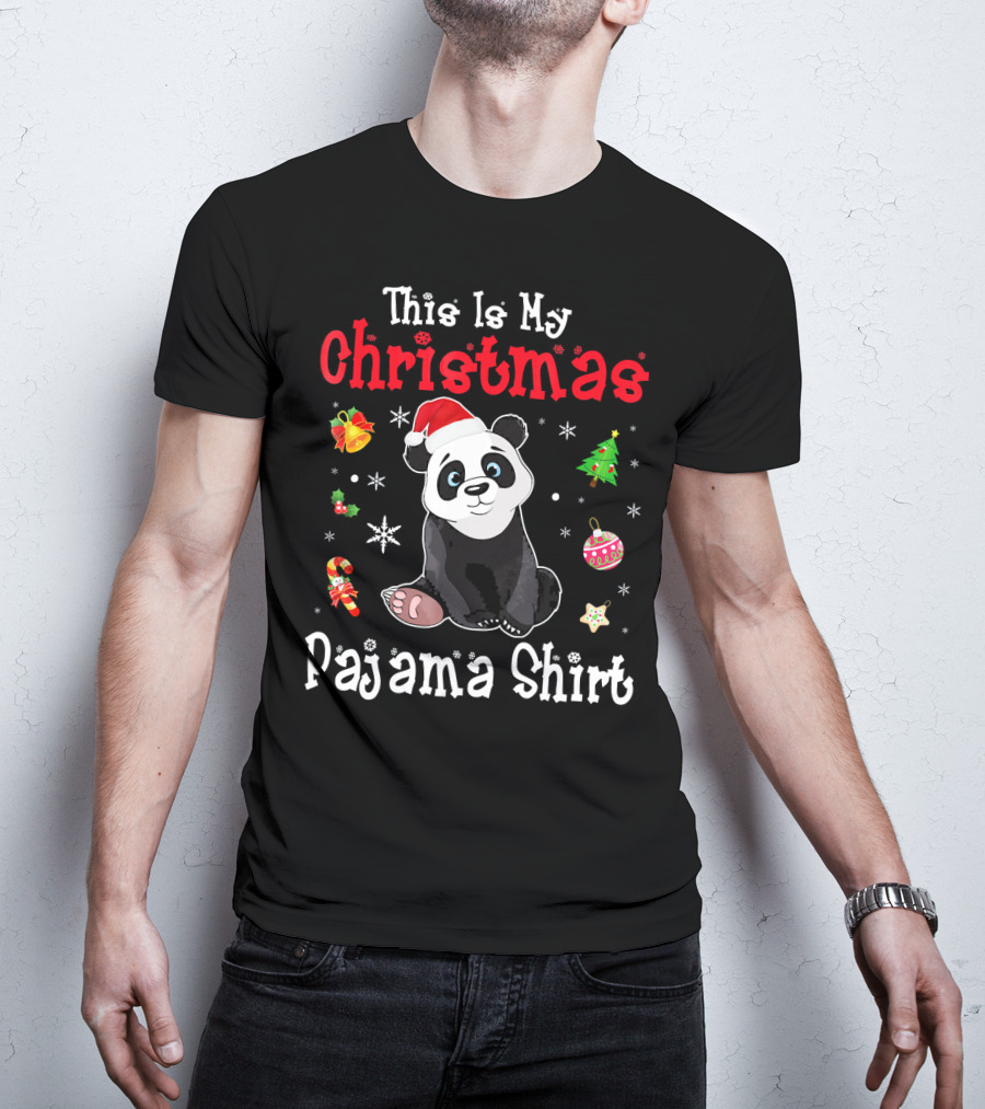 This Is My Christmas Pajama Shirt Panda Santa Hat Snowflakes Ornaments T-Shirt