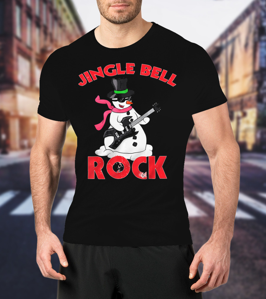 Jingle Bell Rock Snowman Playing Guitar With Top Hat And Scarf T-Shirt