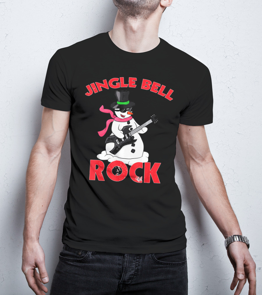 Jingle Bell Rock Snowman Playing Guitar With Top Hat And Scarf T-Shirt