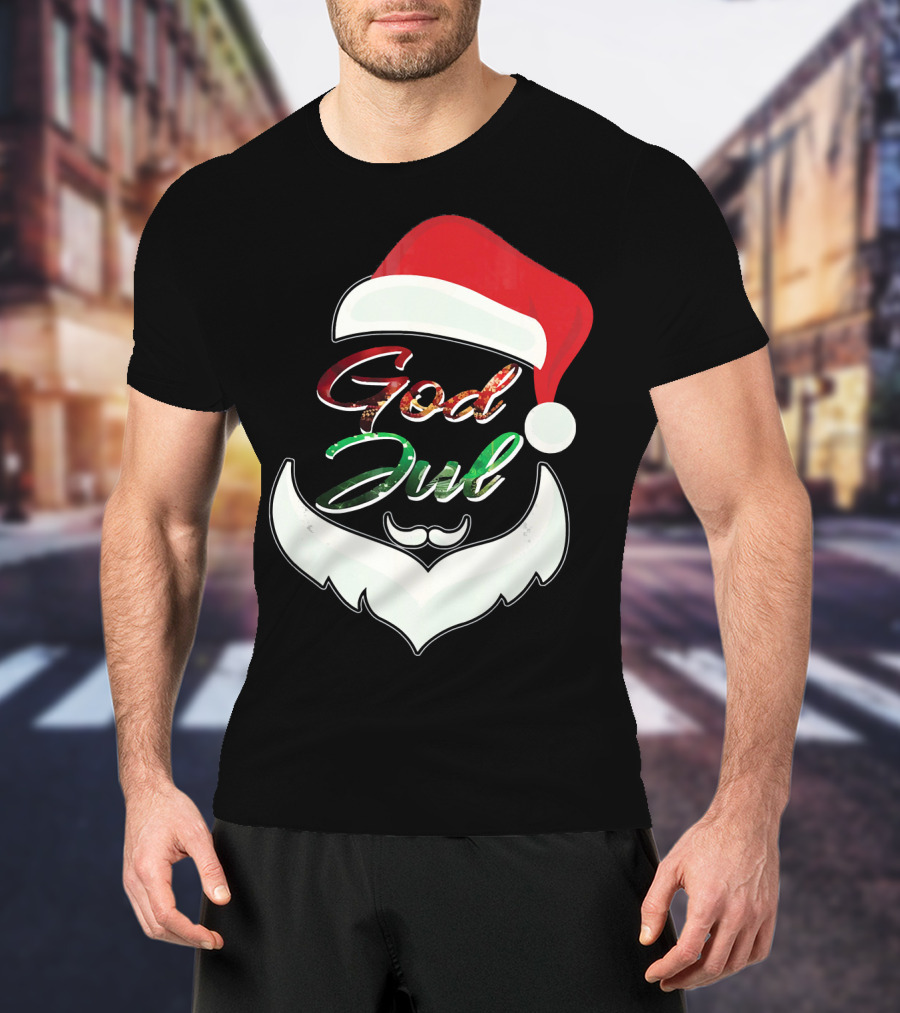 God Jul Norwegian Merry Christmas Santa Hat And Beard Design Norway T-Shirt