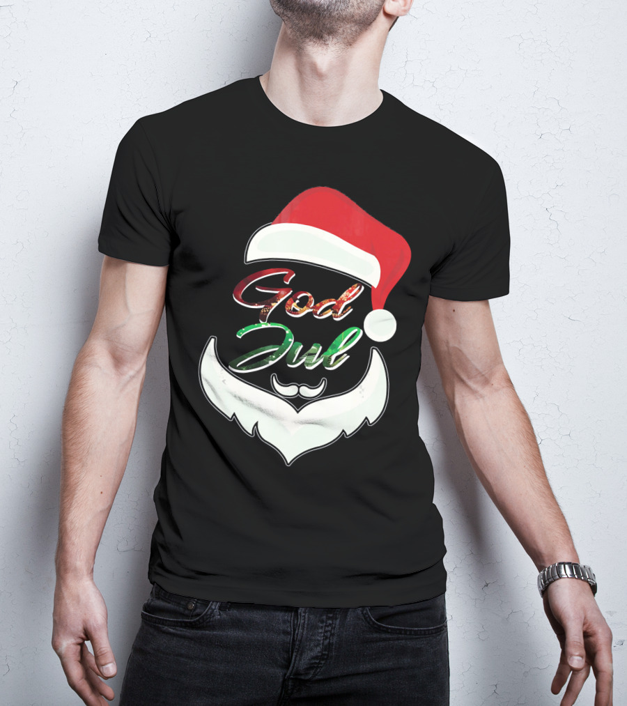 God Jul Norwegian Merry Christmas Santa Hat And Beard Design Norway T-Shirt