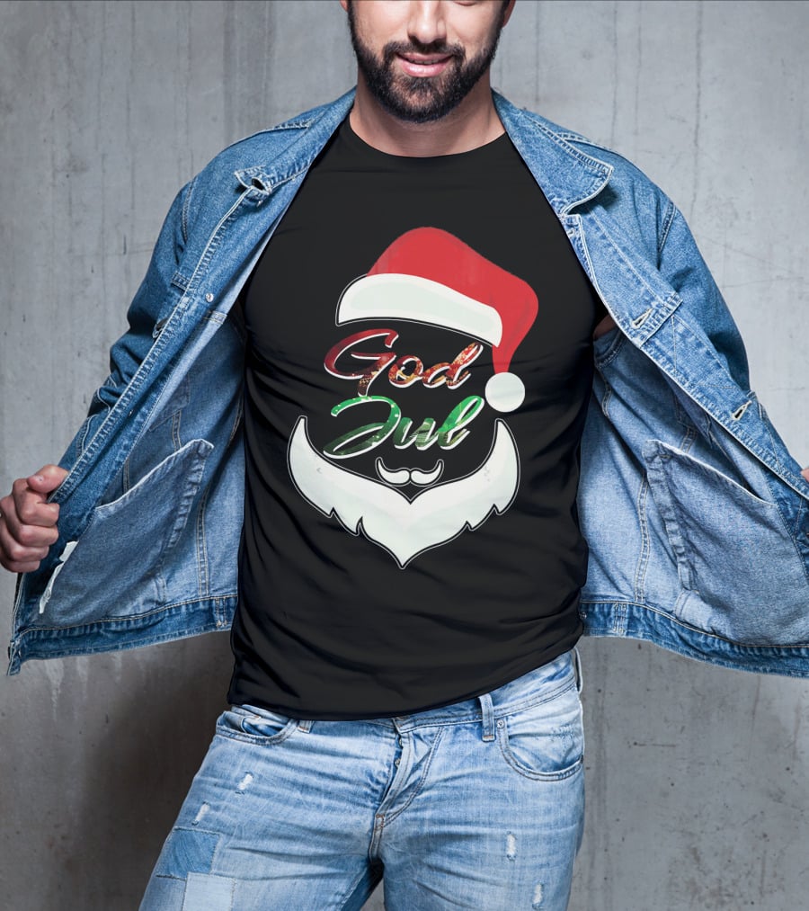 God Jul Norwegian Merry Christmas Santa Hat And Beard Design Norway T-Shirt