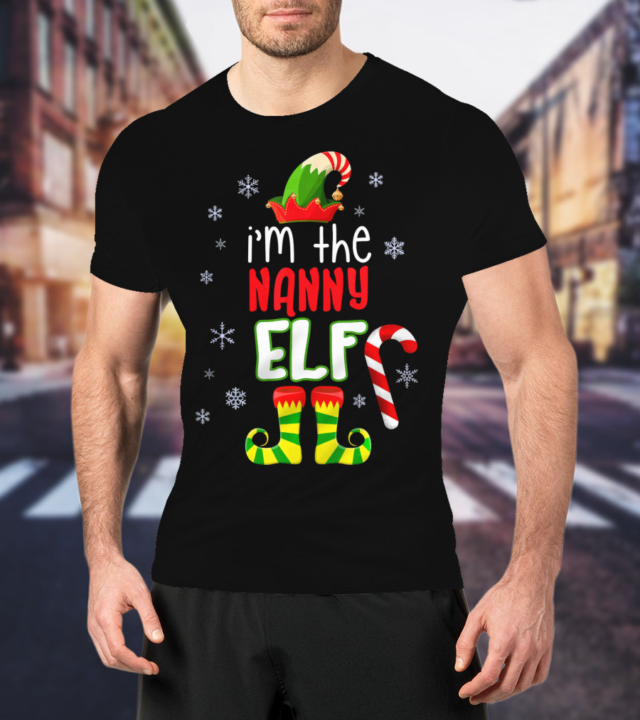 I'm The Nanny Elf Christmas Snowflakes Candy Cane Hat Boots T-Shirt