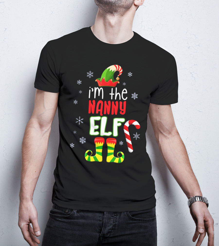 I'm The Nanny Elf Christmas Snowflakes Candy Cane Hat Boots T-Shirt