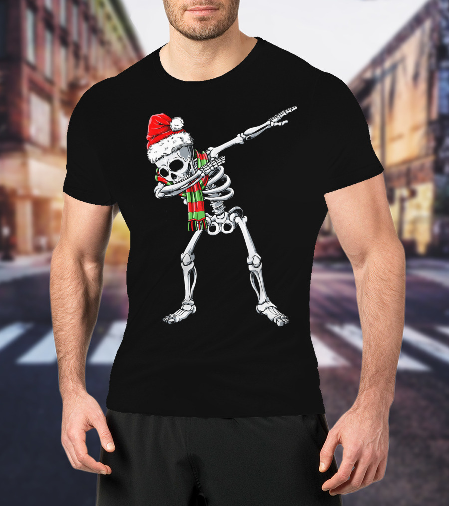 Dabbing Santa Skeleton Christmas Hat And Scarf T-Shirt