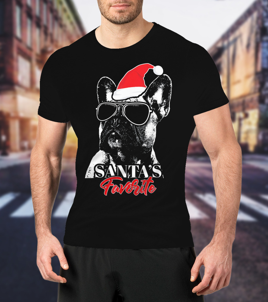 Santa's Favorite French Bulldog Wearing Sunglasses And Hat T-Shirt