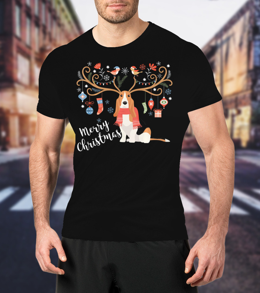 Merry Christmas Basset Hound Reindeer Antlers Ornaments T-Shirt