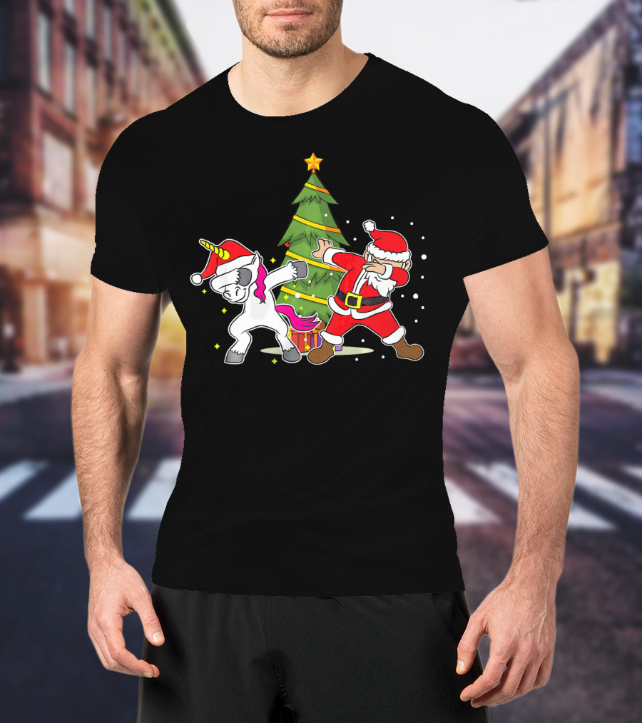 Dabbing Unicorn Xmas Christmas Santa Dance By Tree T-Shirt
